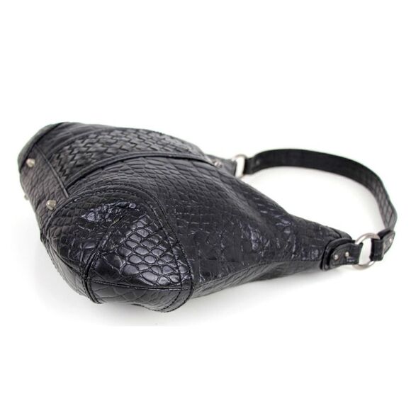 Elliott Lucca WOVEN BLACK GENUINE LEATHER CROCO PRINT SHOULDER BAG HANDBAG HOBO - Picture 7 of 15